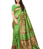 Green printed tussar silk saree with blouse
