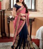 navy-blue - Pink embroidered georgette saree with blouse