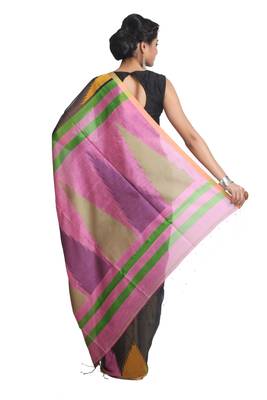 Multicolor Hand Woven Pure Linen Saree With Blouse 3