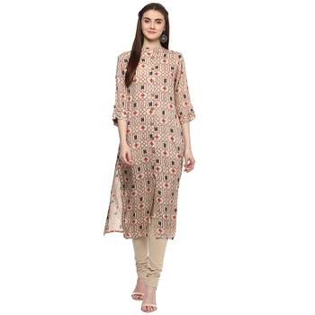 Printed rayon beige women straight kurti 1