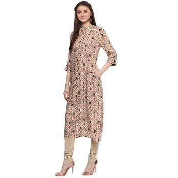 Printed rayon beige women straight kurti 2