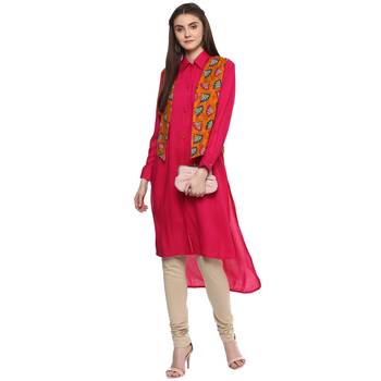   Pink plain rayon high low hem line kurti with jacket 2