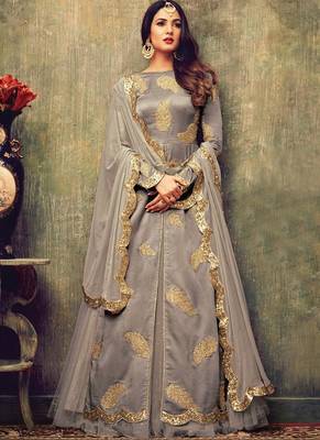 Grey Embroidered Net Semi Stitched Salwar With Dupatta 1