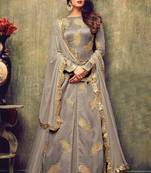 Grey Embroidered Net Semi Stitched Salwar With Dupatta