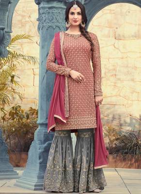 Maroon embroidered georgette semi stitched salwar with dupatta 1