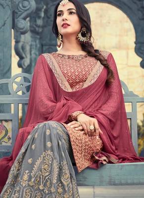 Maroon embroidered georgette semi stitched salwar with dupatta 4