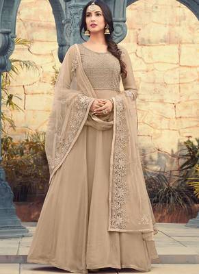 Beige embroidered georgette semi stitched pakistani salwar with dupatta 1