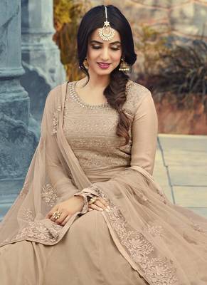 Beige embroidered georgette semi stitched pakistani salwar with dupatta 2