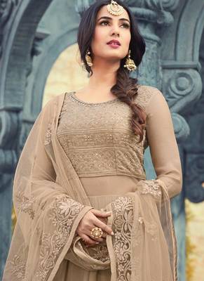Beige embroidered georgette semi stitched pakistani salwar with dupatta 3