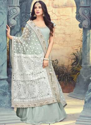 Sky Blue Embroidered Georgette Semi Stitched Pakistani Salwar With Dupatta 1