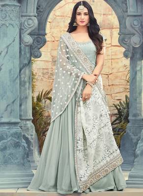 Sky Blue Embroidered Georgette Semi Stitched Pakistani Salwar With Dupatta 2