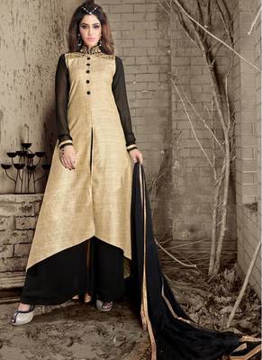 Cream Embroidered Silk Semi Stitched Pakistani Salwar With Dupatta 1