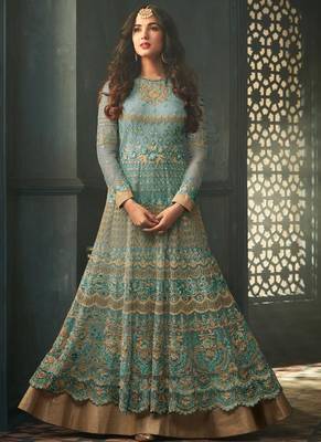 Sky Blue Embroidered Net Semi Stitched Pakistani Salwar With Dupatta 1