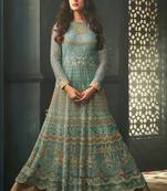 Sky Blue Embroidered Net Semi Stitched Pakistani Salwar With Dupatta