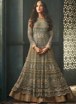 Teal Embroidered Net Semi Stitched Pakistani Salwar With Dupatta 1
