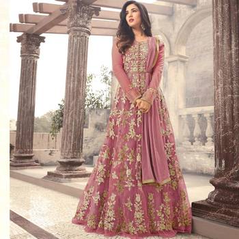 Blush Pink Embroidered Net Semi Stitched Anarkali With Dupatta 1