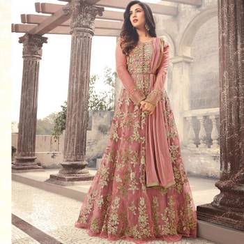 Peach Embroidered Net Semi Stitched Salwar With Dupatta 1
