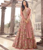 Peach Embroidered Net Semi Stitched Salwar With Dupatta