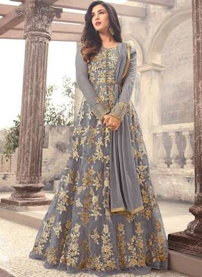 Grey Embroidered Net Semi Stitched Pakistani Salwar With Dupatta 1