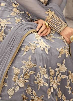 Grey Embroidered Net Semi Stitched Pakistani Salwar With Dupatta 2