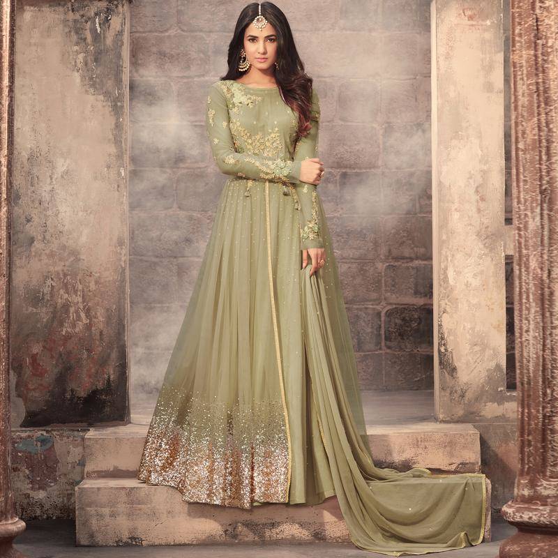 Parrot green embroidered net semi stitched pakistani salwar with dupatta -  Vasu Sarees - 2602728