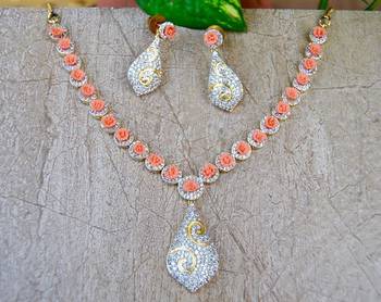 American Diamond Necklace Set with Peach Coral Roses 1