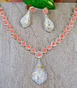 American Diamond Necklace Set with Peach Coral Roses