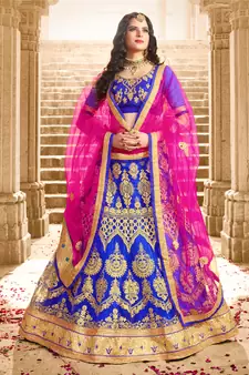 Blue Embroidered Net Semi Stitched Lehenga