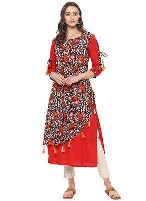 Red printed cotton ethnic kurta 1