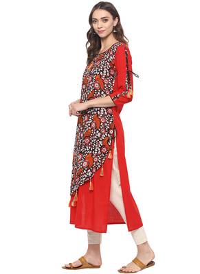 Red printed cotton ethnic kurta 3