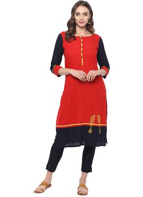 Red plain cotton ethnic kurta 1