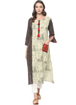 Beige printed cotton ethnic kurta 1