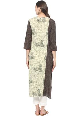 Beige printed cotton ethnic kurta 2