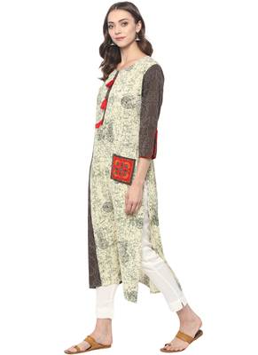 Beige printed cotton ethnic kurta 3