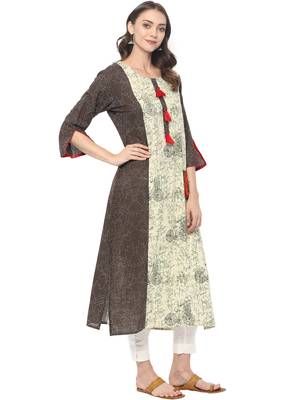 Beige printed cotton ethnic kurta 4