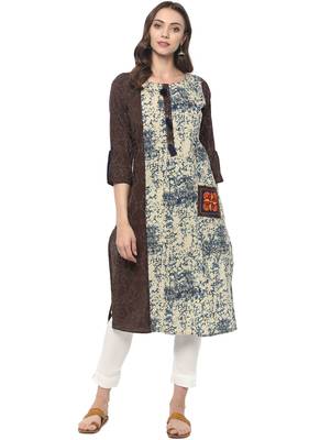 Beige printed cotton ethnic kurta 1