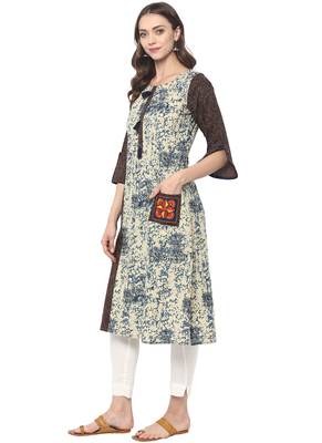 Beige printed cotton ethnic kurta 3