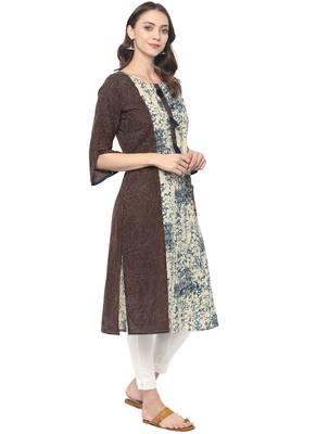 Beige printed cotton ethnic kurta 4