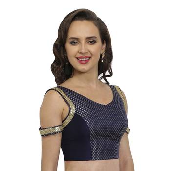 Navy/gold plain polyester party stitched blouse 3