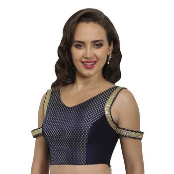 Navy/gold plain polyester party stitched blouse 4