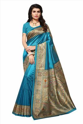 Light Blue Printed Silk Saree With Blouse 1