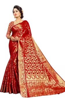 Red Banarasi style silk bland zari weaving border pallu saree with Blouse