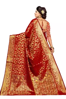 Red Banarasi style silk bland zari weaving border pallu saree with Blouse