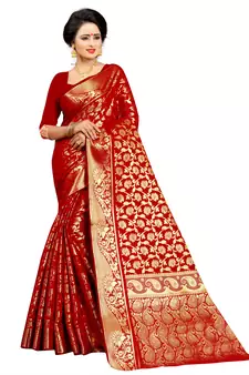 Red Banarasi style silk bland zari weaving border pallu saree with Blouse