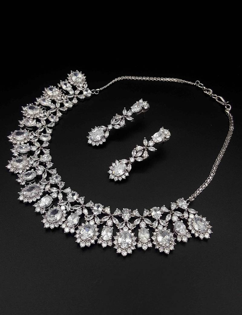 White cz ad american diamond necklace set jewellery for women