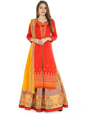 Red embroidered cotton unstitched salwar with dupatta 1