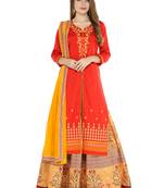Red embroidered cotton unstitched salwar with dupatta