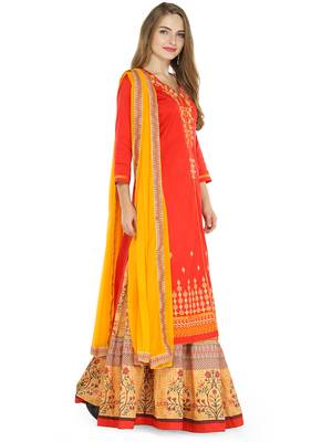 Red embroidered cotton unstitched salwar with dupatta 2