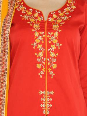 Red embroidered cotton unstitched salwar with dupatta 3