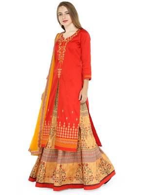 Red embroidered cotton unstitched salwar with dupatta 4